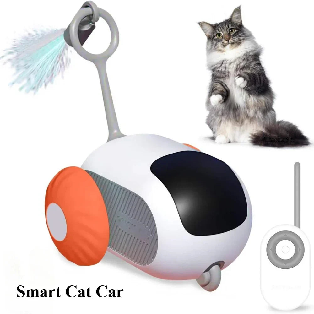 Smart remote-controlled cat car toy made of durable silicone, featuring USB charging cable and controller.