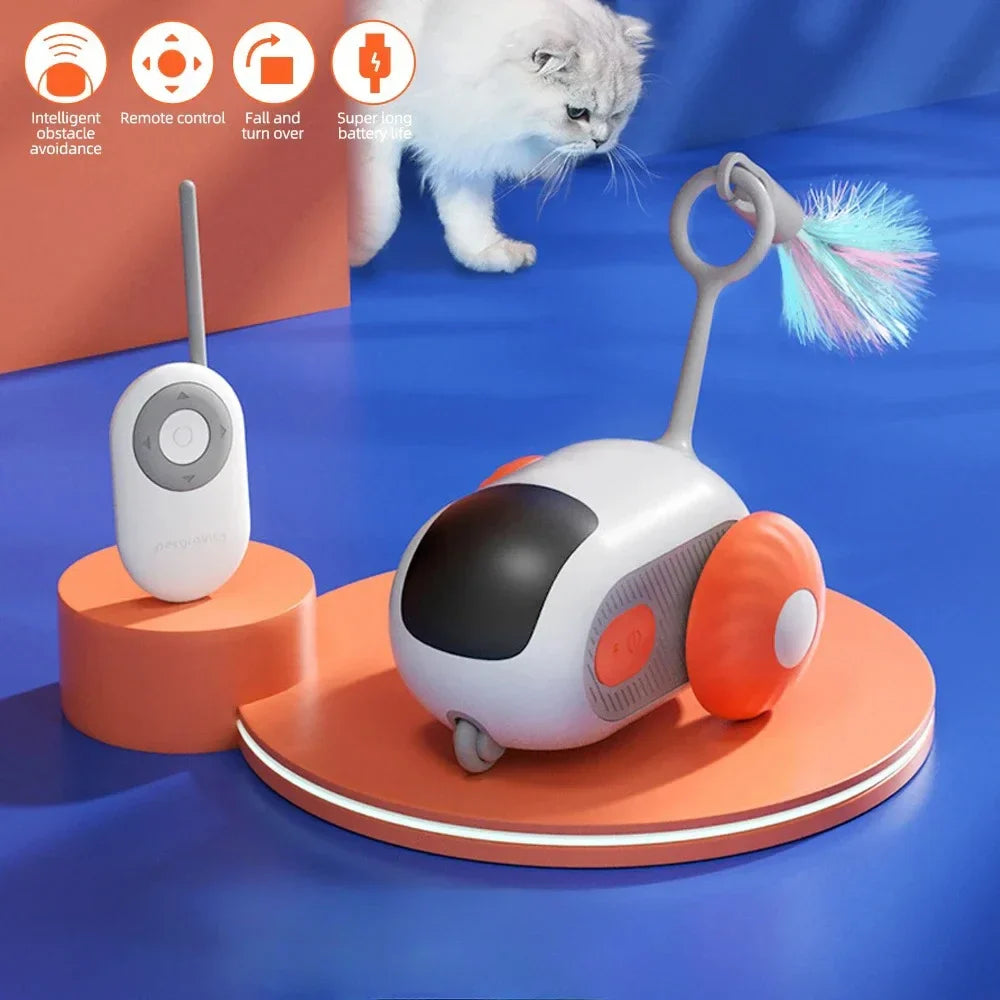 Smart remote-controlled cat car toy made of durable silicone, featuring USB charging cable and controller. — view 2