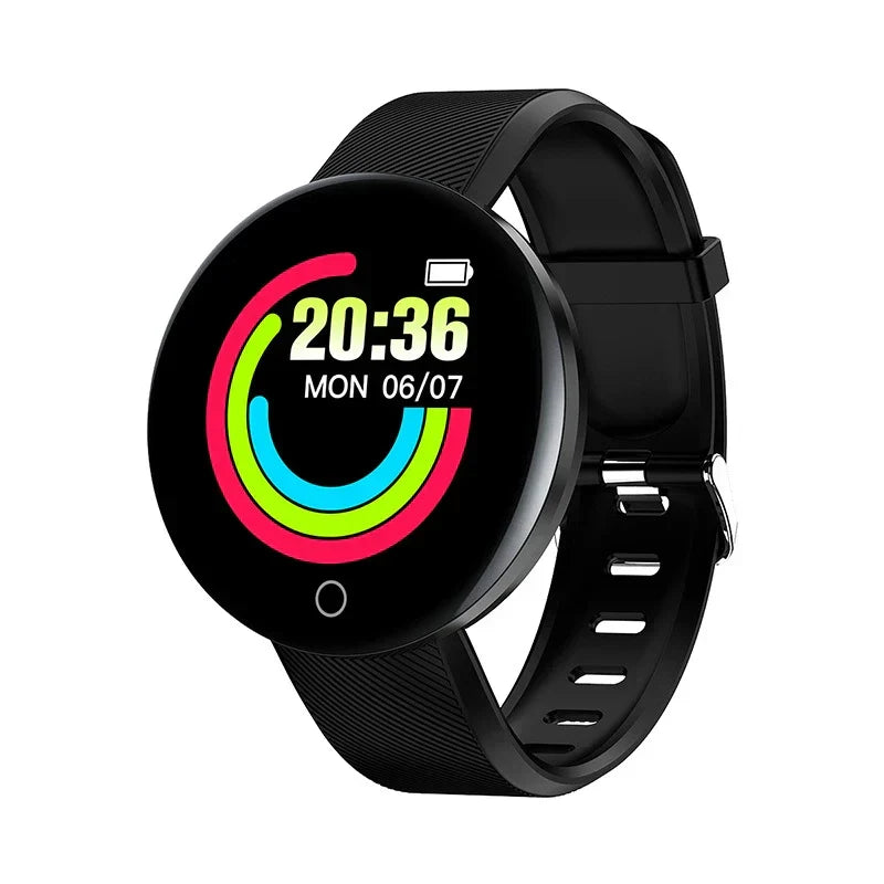 Black smartwatch fitness tracker with round display and soft TPU wristband for heart rate monitoring