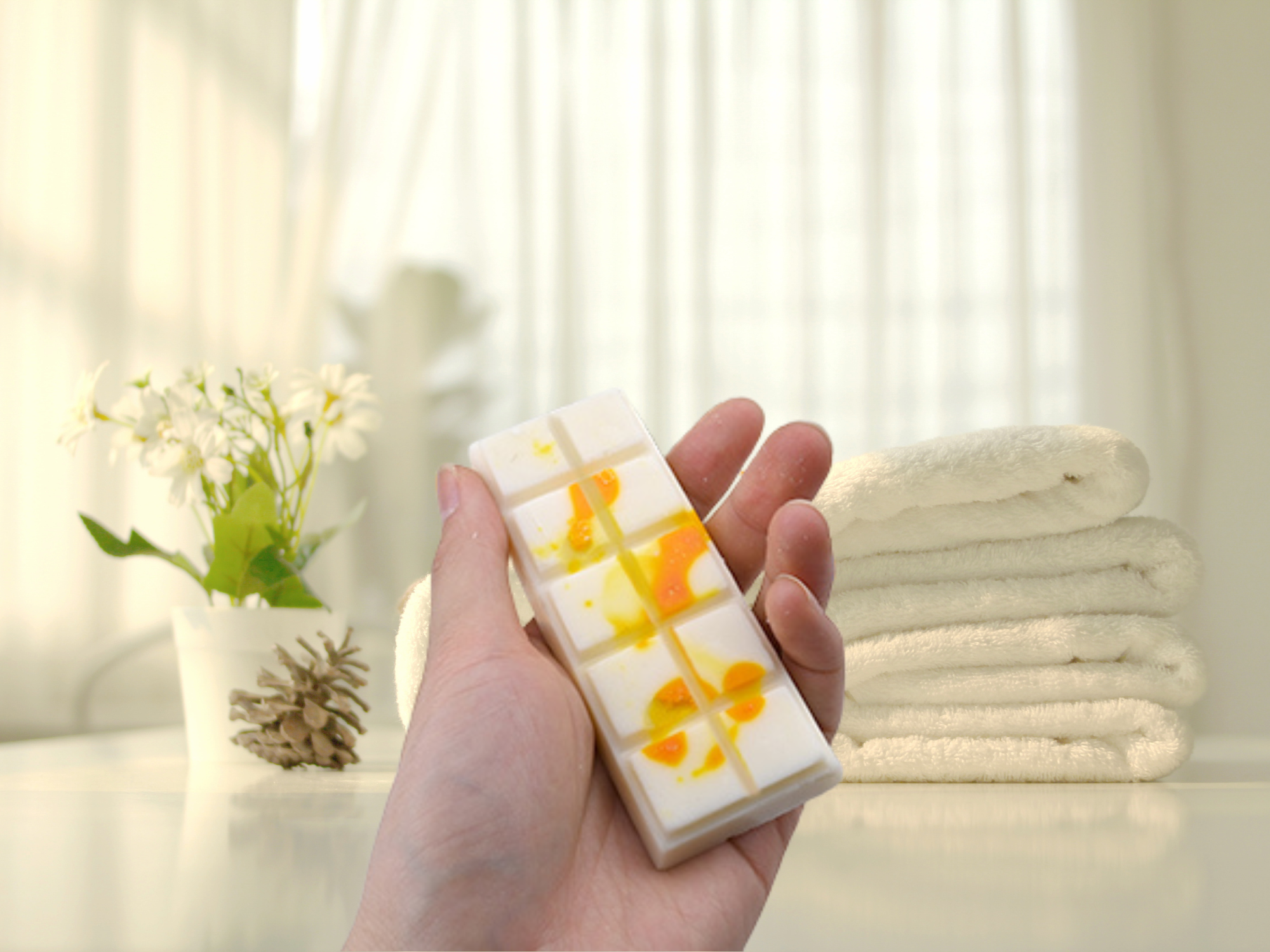 Cozy and comforting artisan soy wax melts bar in warm tones for seasonal home fragrance