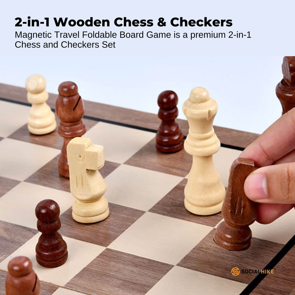 Magnetic wooden chess and checkers set with foldable board, playing pieces, and storage bag. — view 2