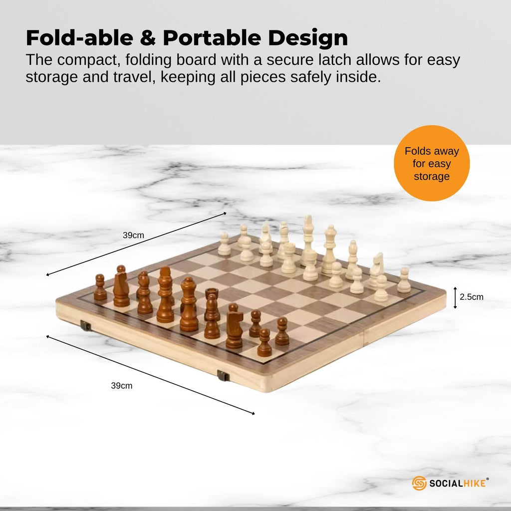 Magnetic wooden chess and checkers set with foldable board, playing pieces, and storage bag. — view 3