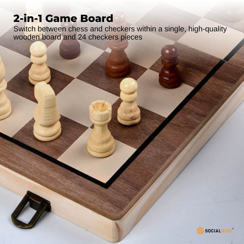Magnetic wooden chess and checkers set with foldable board, playing pieces, and storage bag. — view 4