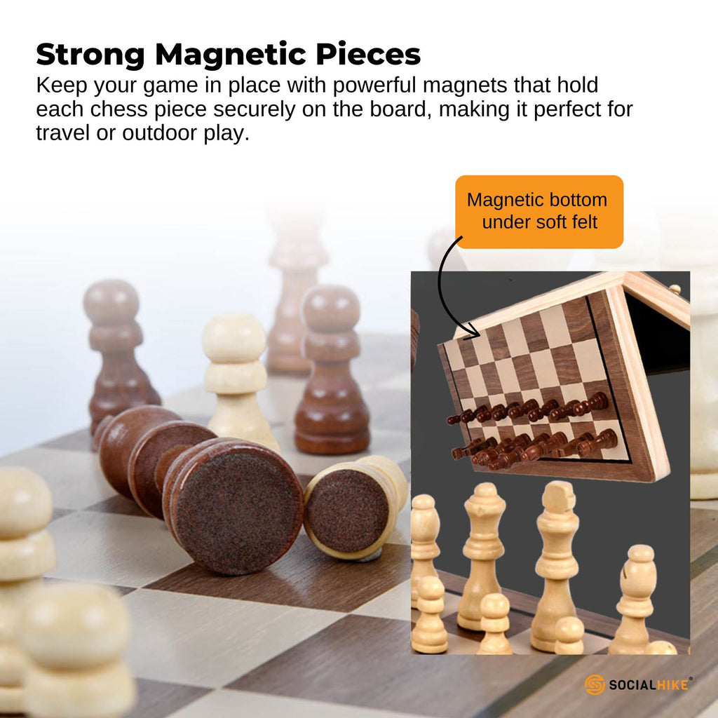 Magnetic wooden chess and checkers set with foldable board, playing pieces, and storage bag. — view 5