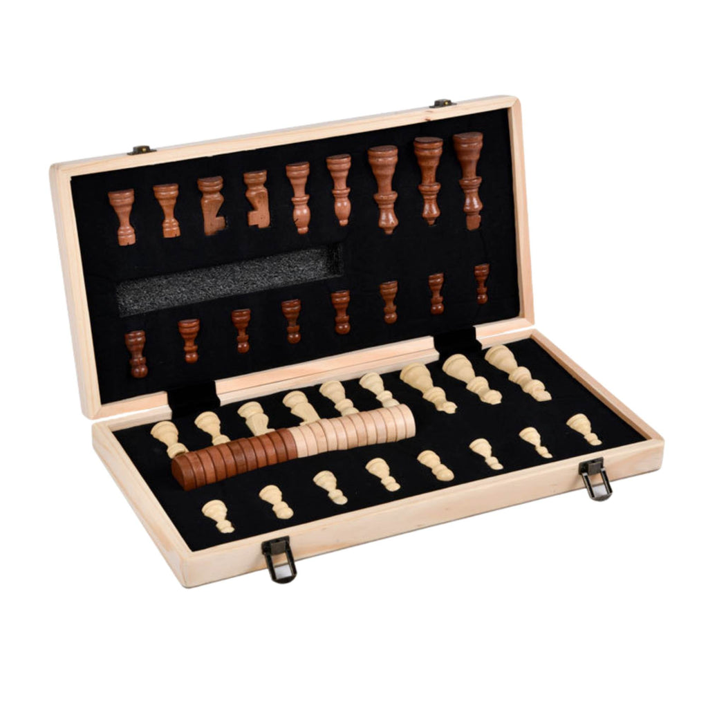 Magnetic wooden chess and checkers set with foldable board, playing pieces, and storage bag.