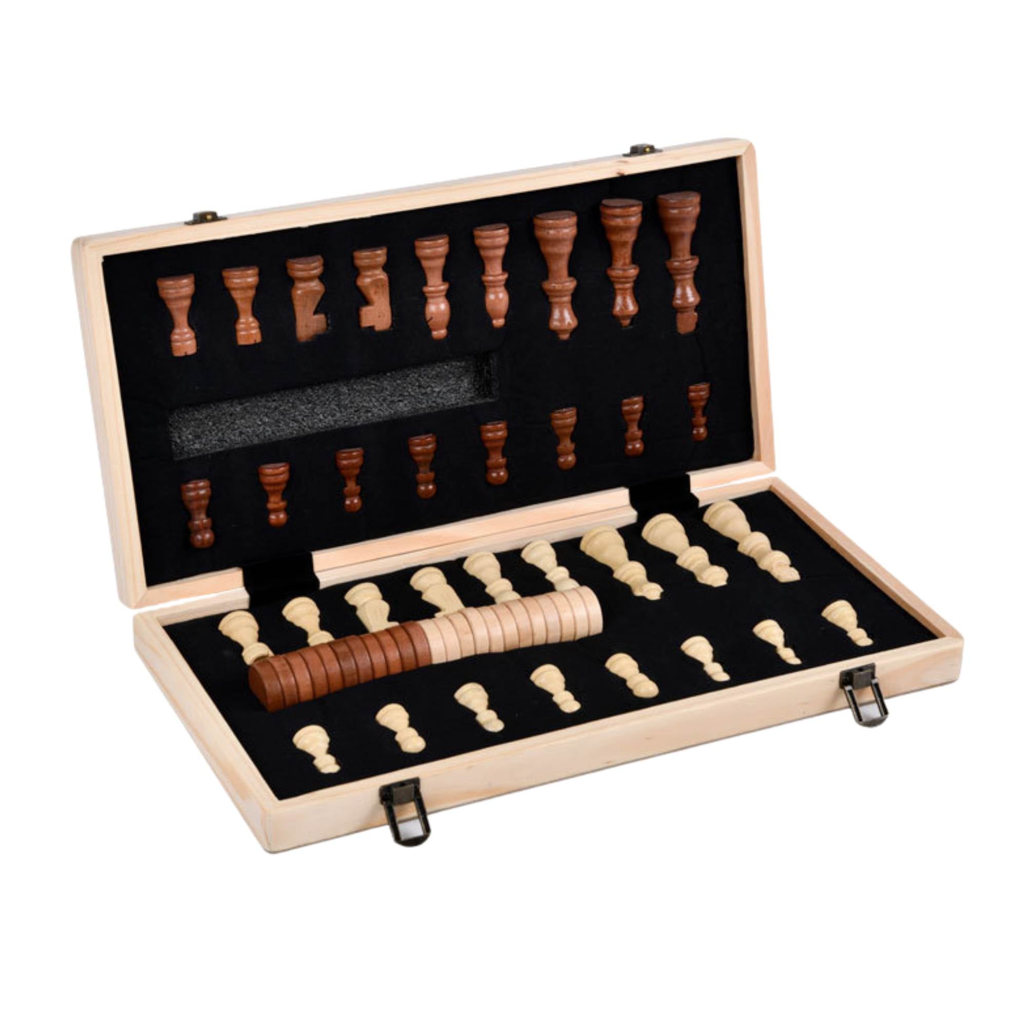 Magnetic wooden chess and checkers set with foldable board, playing pieces, and storage bag.