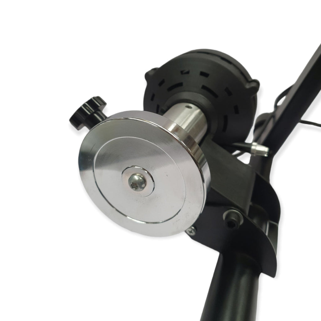 Black metal indoor stationary bike trainer stand with magnetic resistance controller and front wheel brace. — view 2