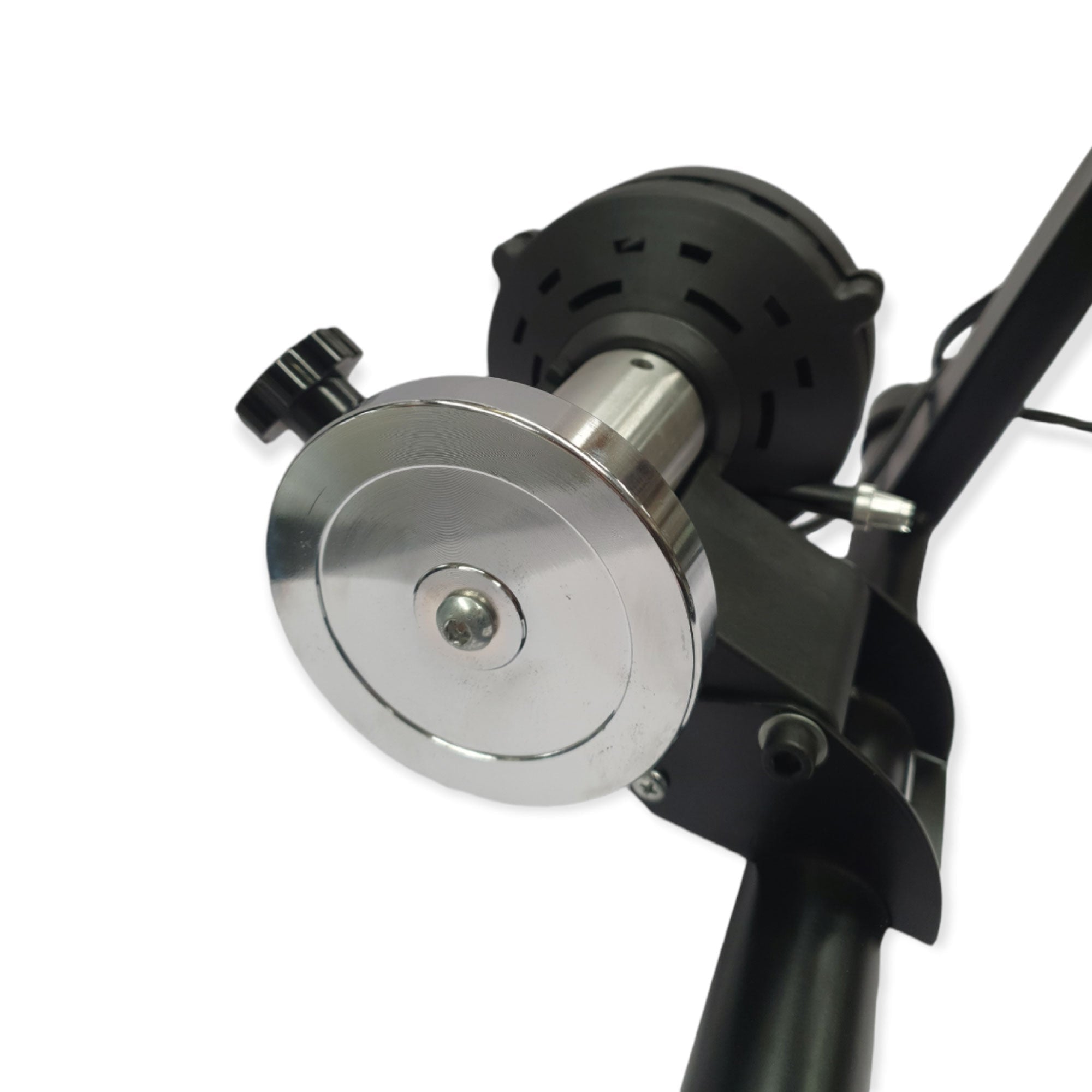 Black metal indoor stationary bike trainer stand with magnetic resistance controller and front wheel brace. — view 2
