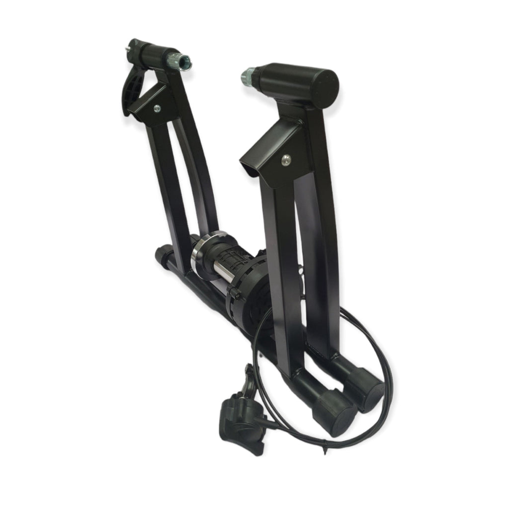 Black metal indoor stationary bike trainer stand with magnetic resistance controller and front wheel brace. — view 5