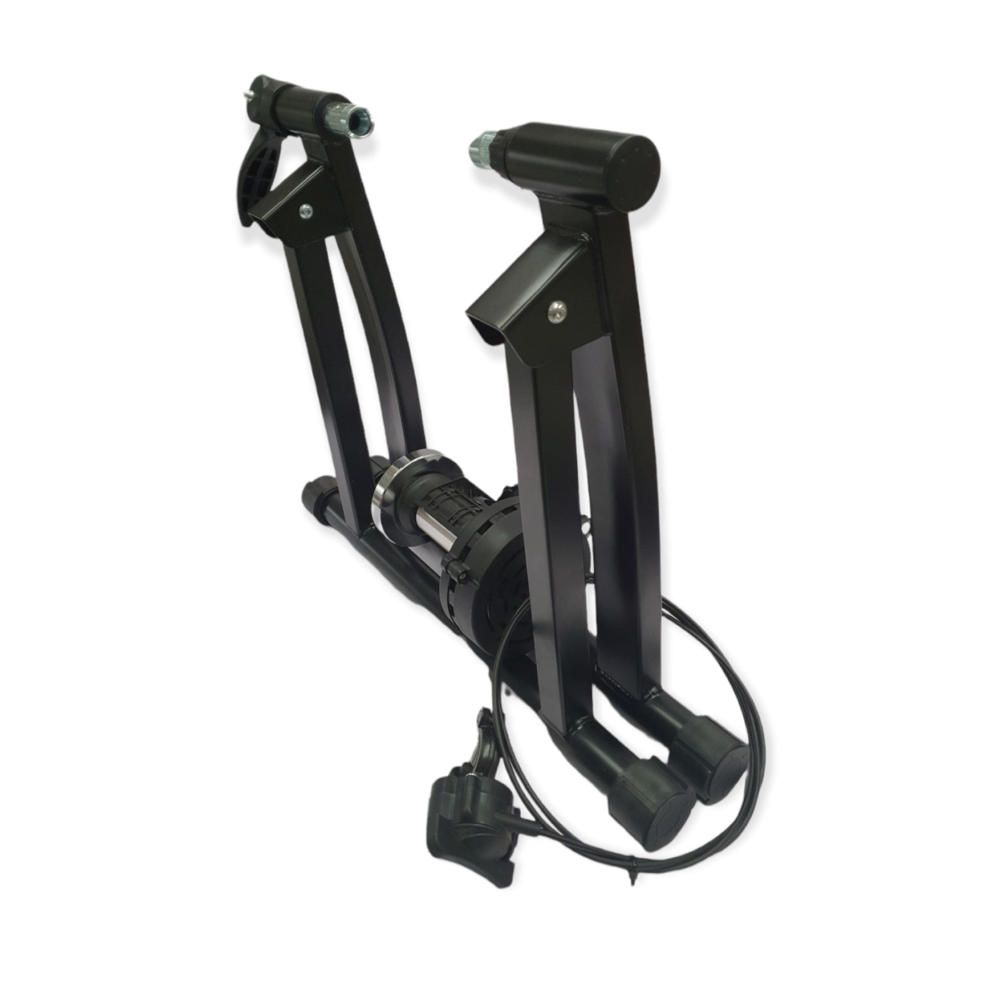 Black metal indoor stationary bike trainer stand with magnetic resistance controller and front wheel brace. — view 5