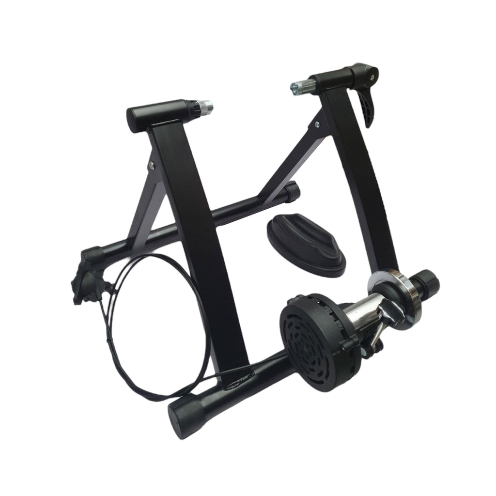 Black metal indoor stationary bike trainer stand with magnetic resistance controller and front wheel brace.