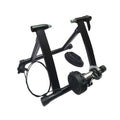 Black metal indoor stationary bike trainer stand with magnetic resistance controller and front wheel brace.