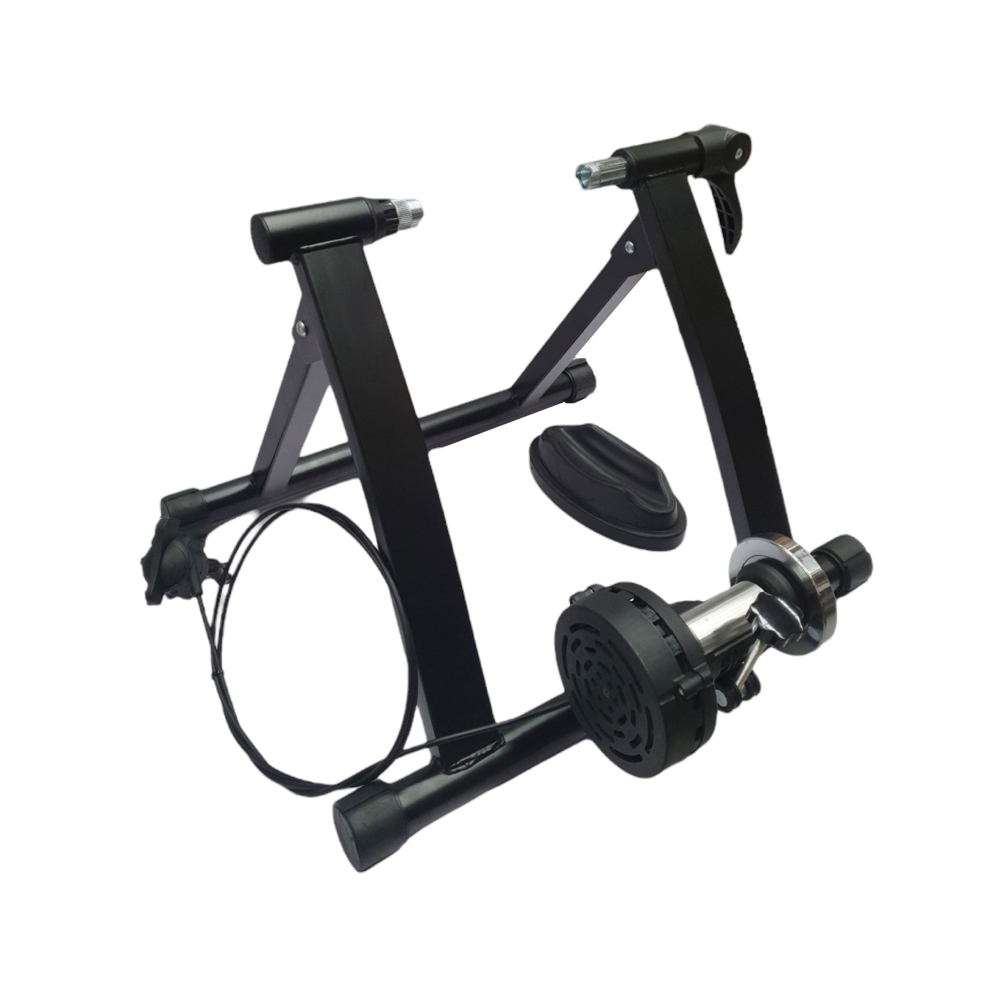 Black metal indoor stationary bike trainer stand with magnetic resistance controller and front wheel brace.