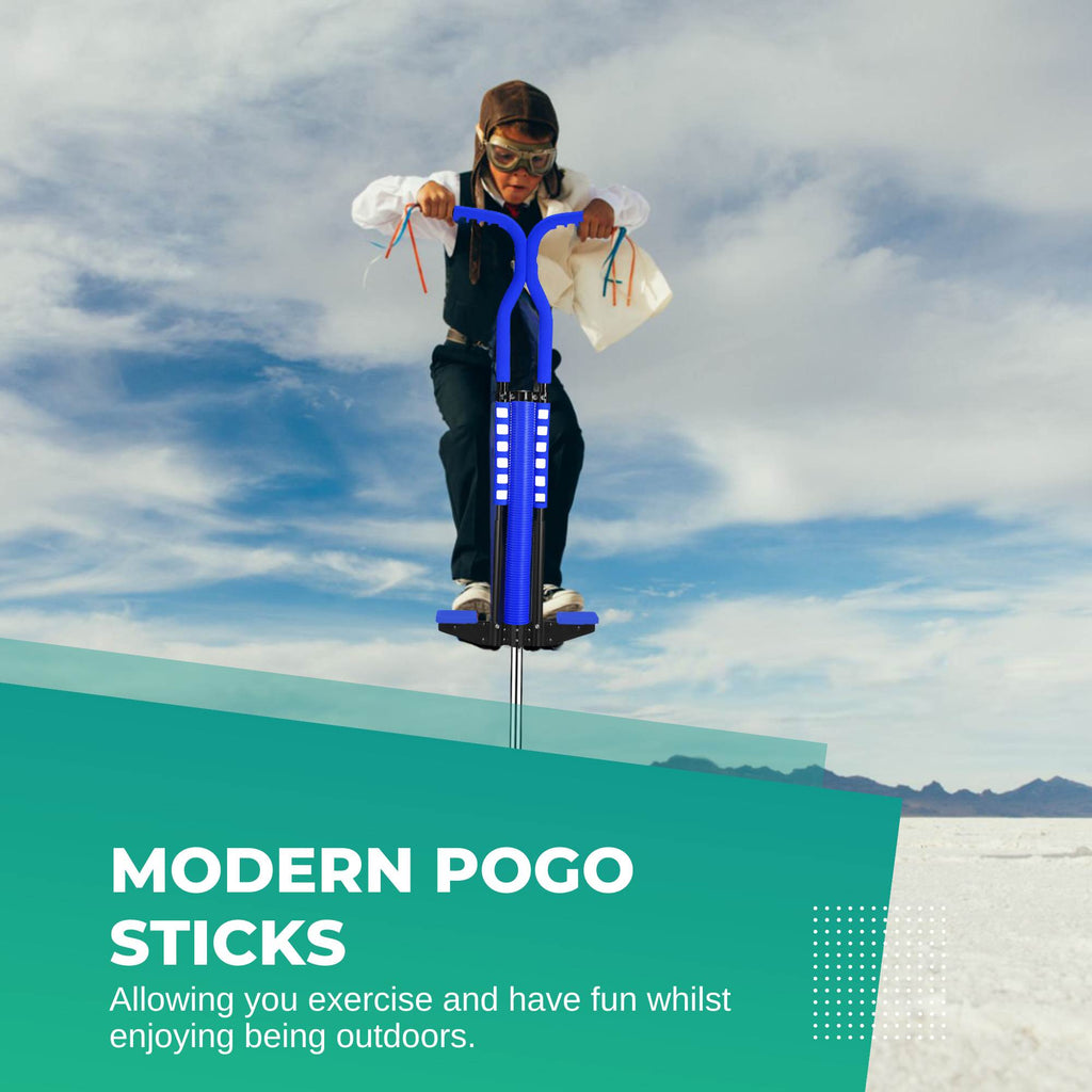 Blue Social Hike kids pogo stick with foam cover, rubber grips, and anti-slip foot pedals — view 3