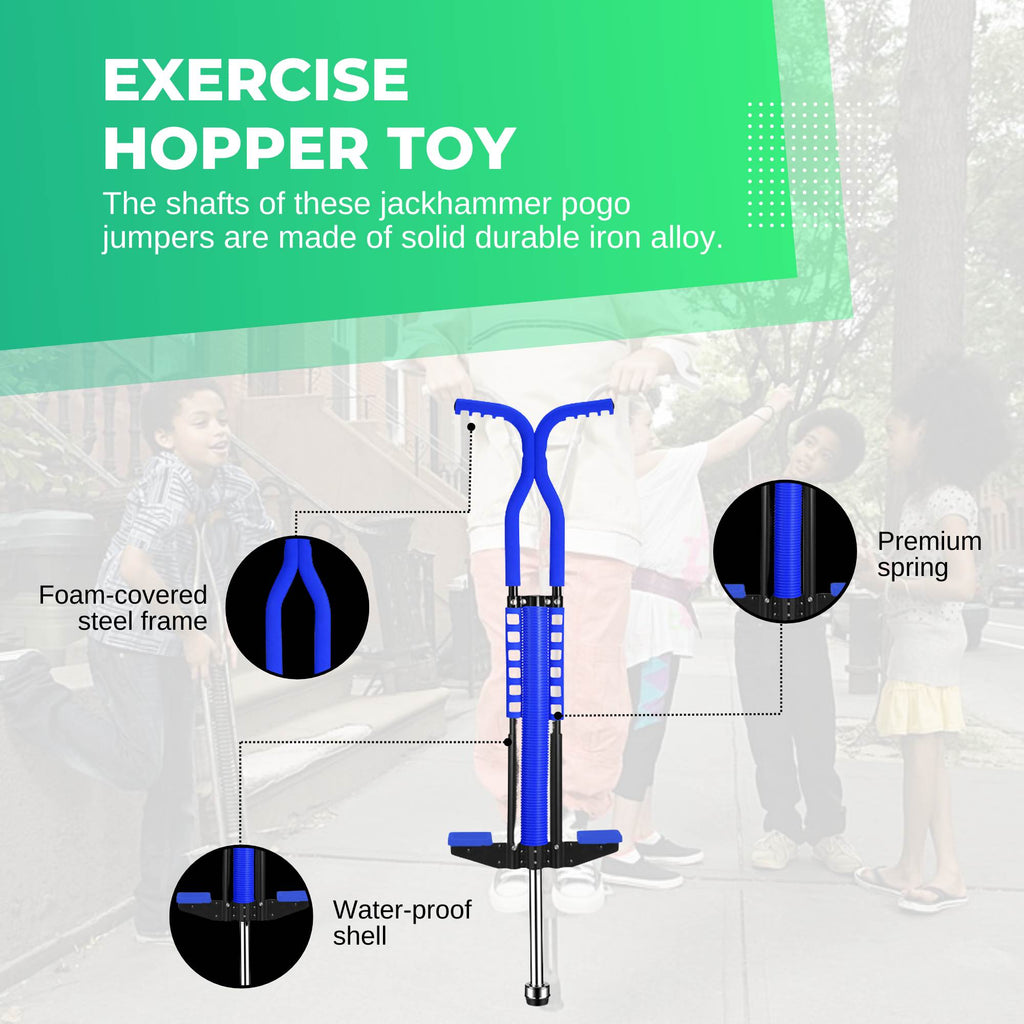 Blue Social Hike kids pogo stick with foam cover, rubber grips, and anti-slip foot pedals — view 4