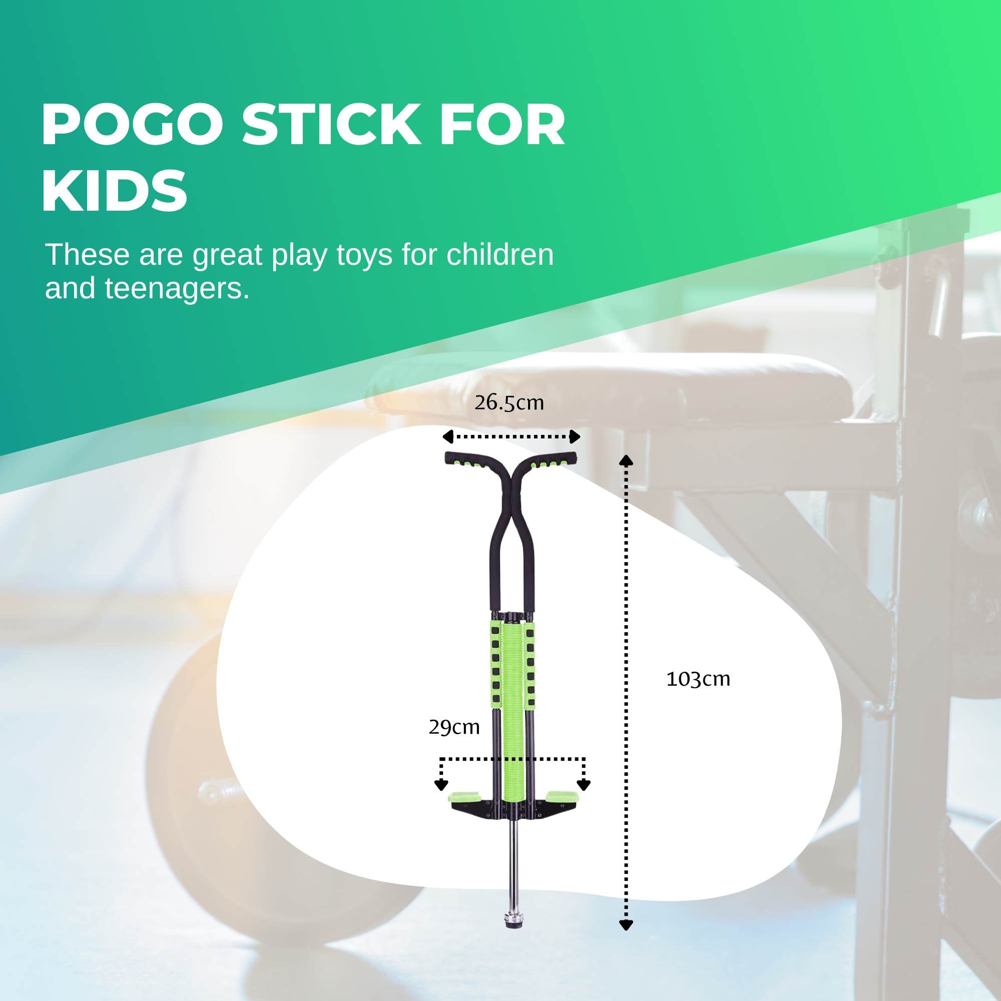 Green metal kids pogo stick with foam cover, rubber grips, and non-slip footpegs — view 2