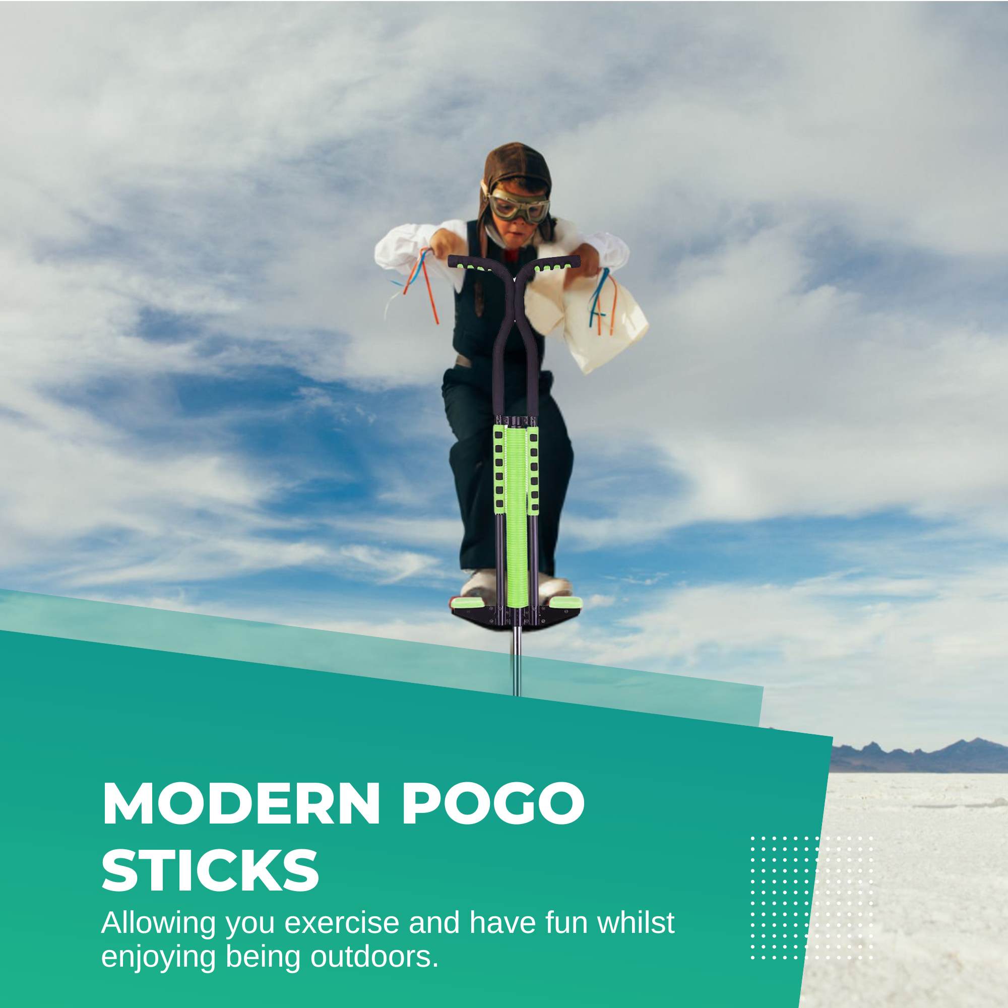 Green metal kids pogo stick with foam cover, rubber grips, and non-slip footpegs — view 3