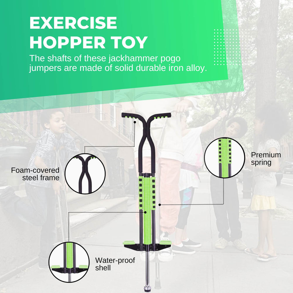 Green metal kids pogo stick with foam cover, rubber grips, and non-slip footpegs — view 4