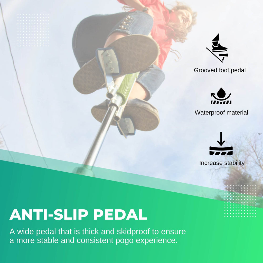 Green metal kids pogo stick with foam cover, rubber grips, and non-slip footpegs — view 5
