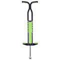 Green metal kids pogo stick with foam cover, rubber grips, and non-slip footpegs