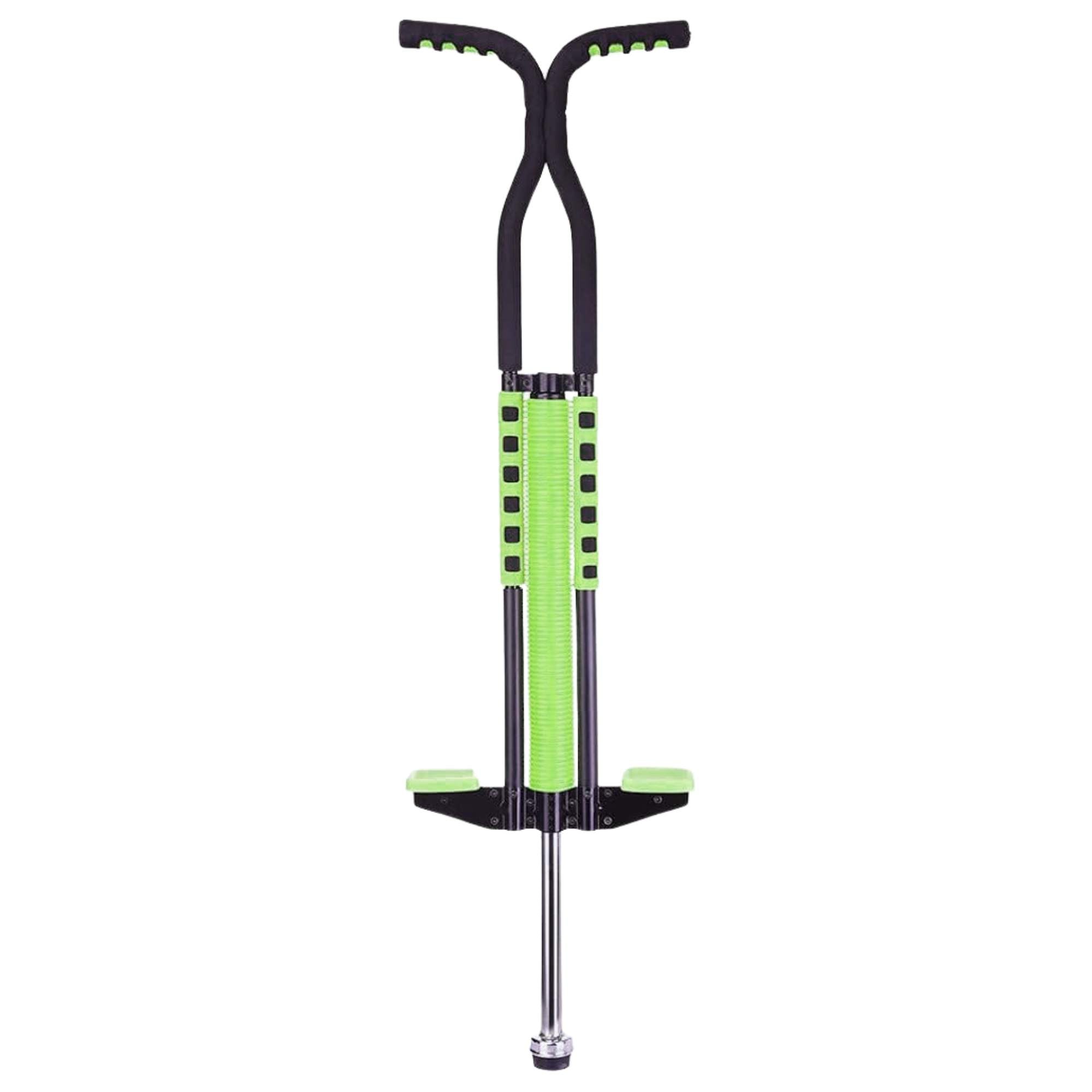 Green metal kids pogo stick with foam cover, rubber grips, and non-slip footpegs
