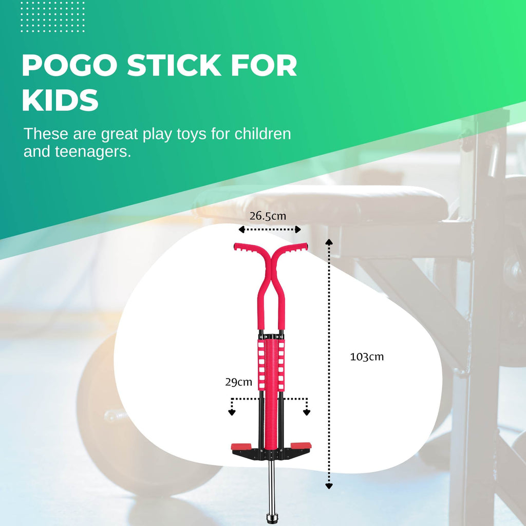 Red pogo stick for kids featuring foam covered steel frame and anti slip rubber grips — view 2