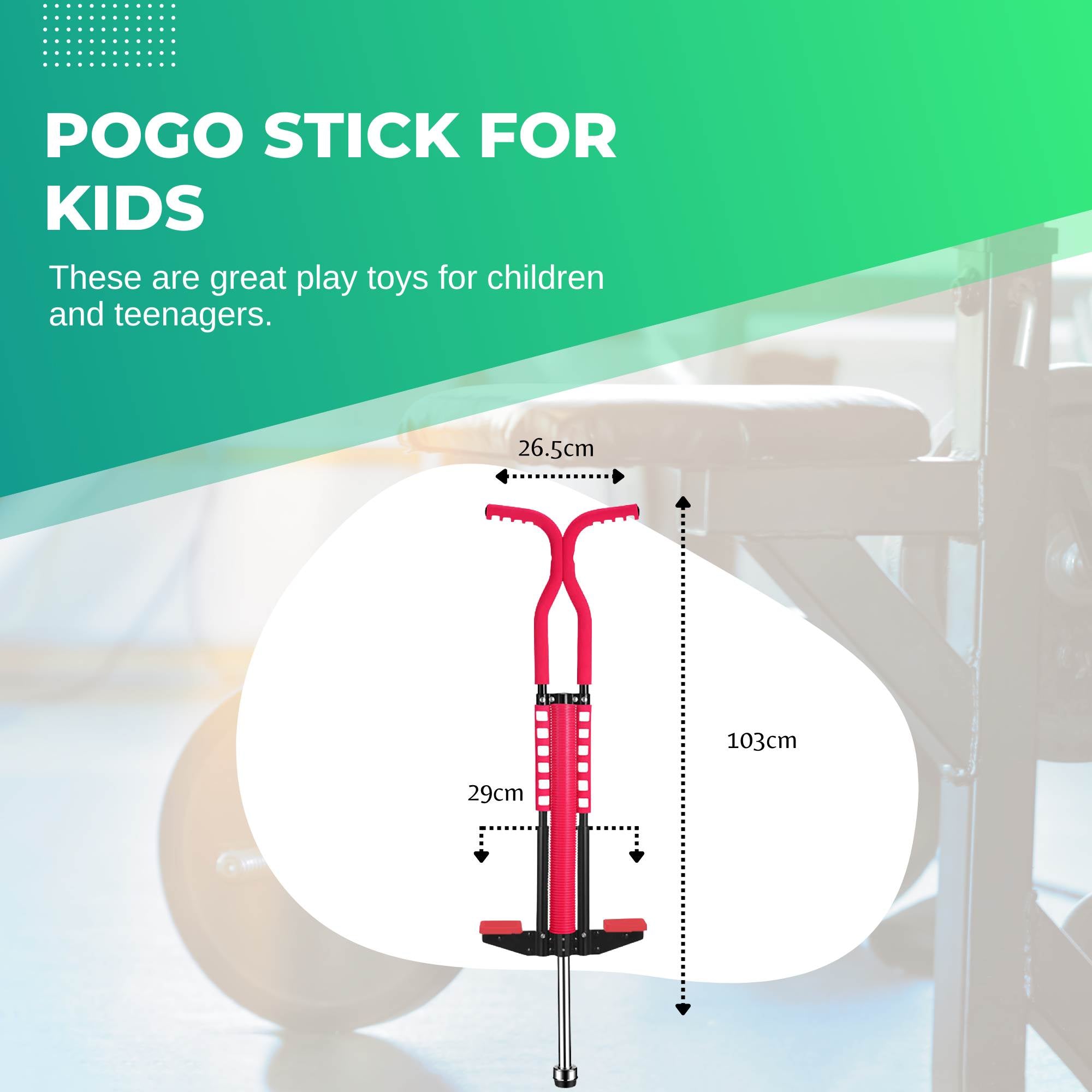 Red pogo stick for kids featuring foam covered steel frame and anti slip rubber grips — view 2