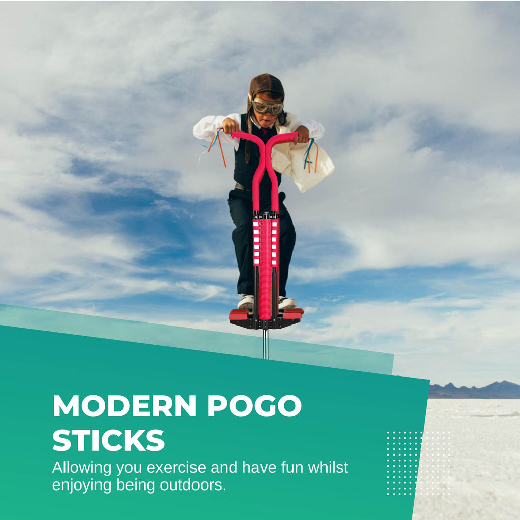 Red pogo stick for kids featuring foam covered steel frame and anti slip rubber grips — view 3