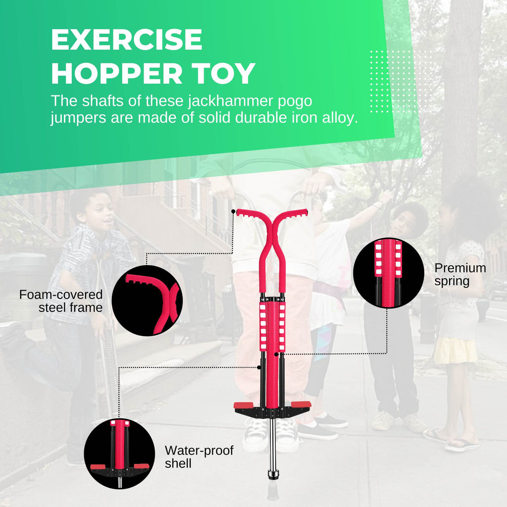 Red pogo stick for kids featuring foam covered steel frame and anti slip rubber grips — view 4