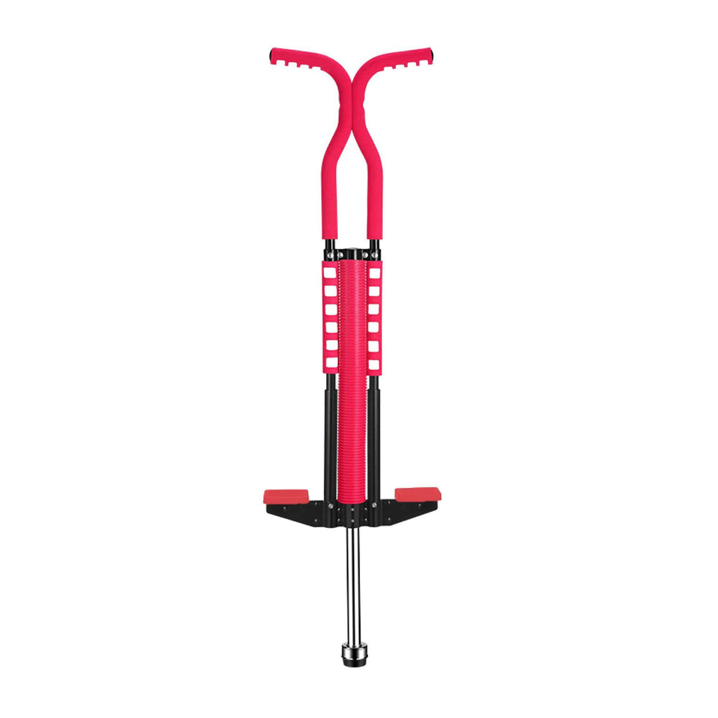Red pogo stick for kids featuring foam covered steel frame and anti slip rubber grips