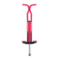 Red pogo stick for kids featuring foam covered steel frame and anti slip rubber grips