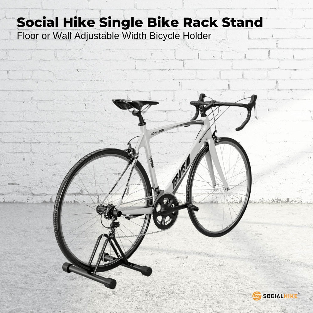 Black steel single bike rack stand with adjustable V tubes for floor or wall mounting — view 3