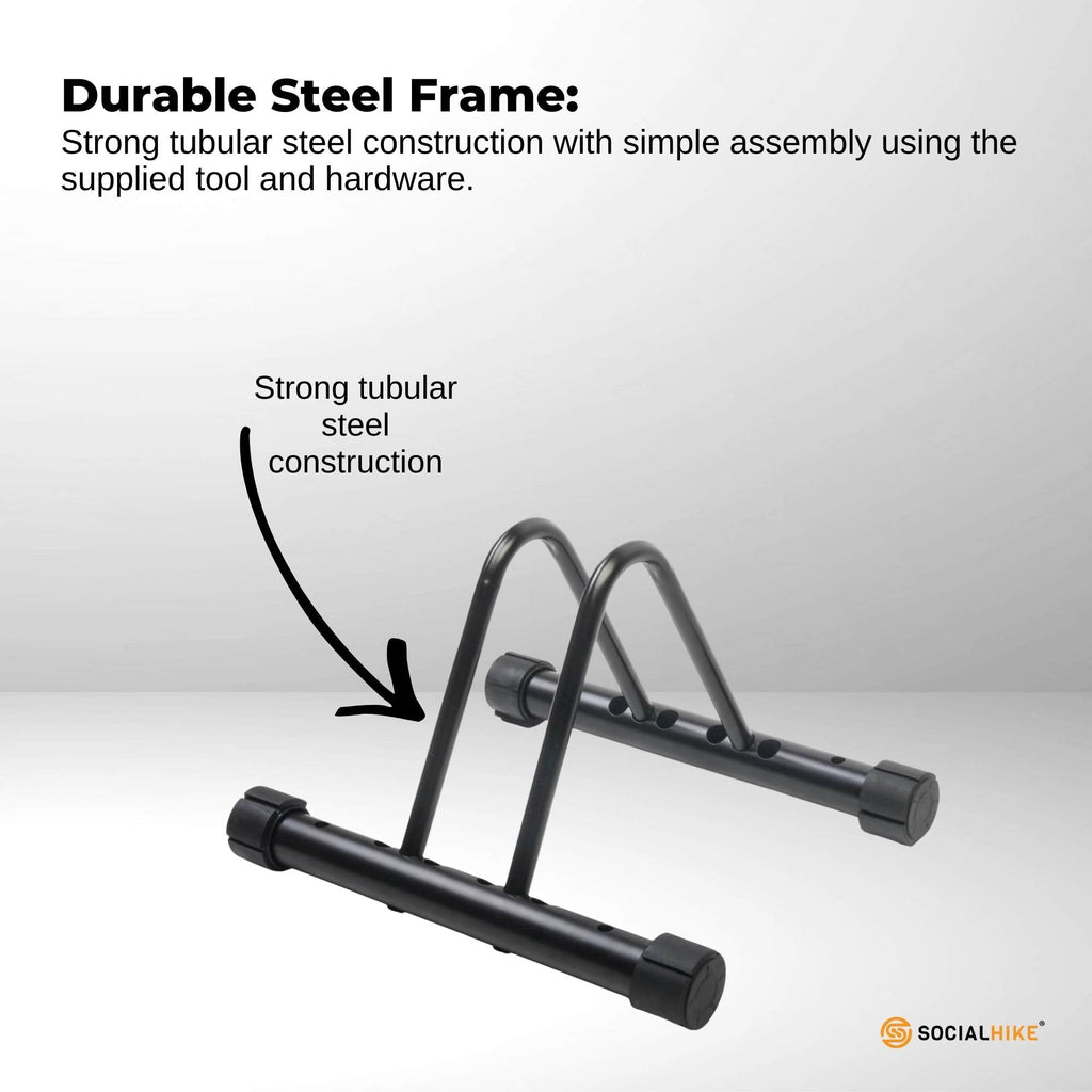 Black steel single bike rack stand with adjustable V tubes for floor or wall mounting — view 4