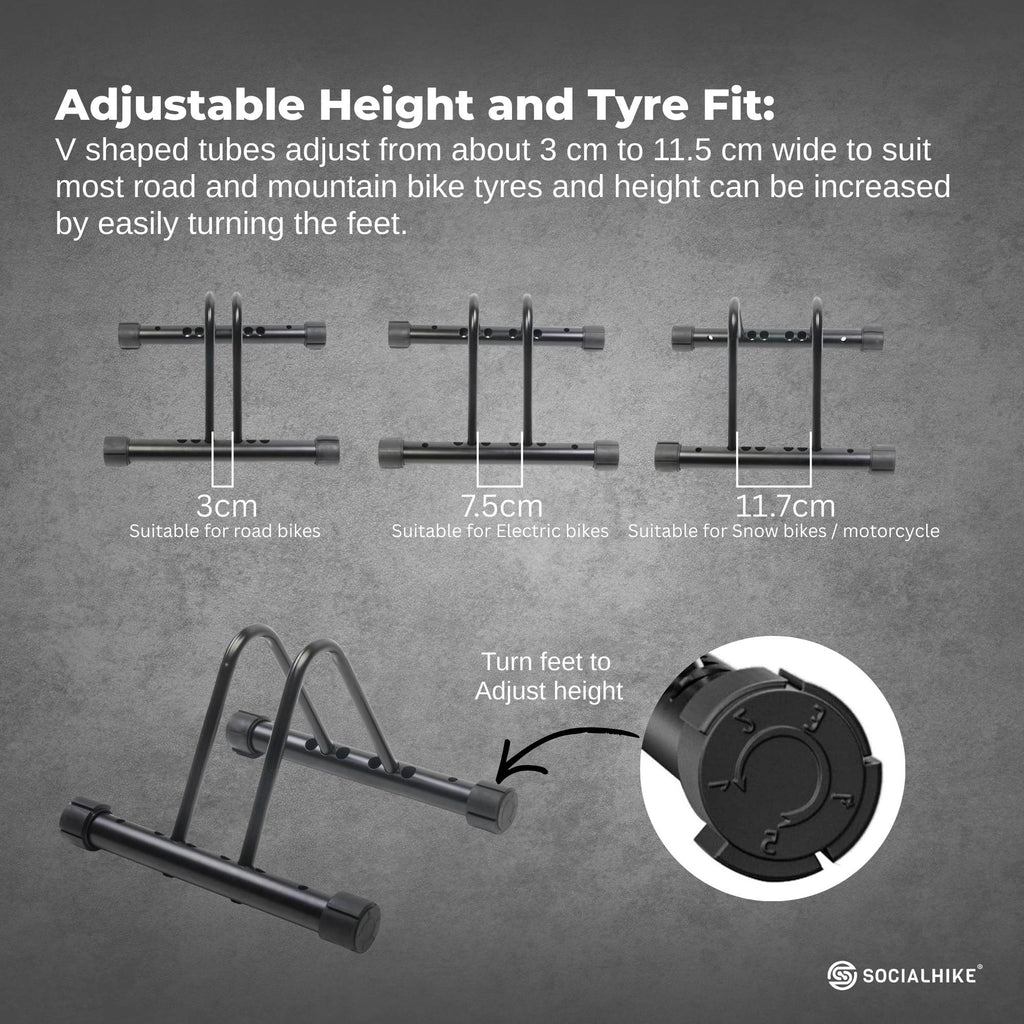 Black steel single bike rack stand with adjustable V tubes for floor or wall mounting — view 5