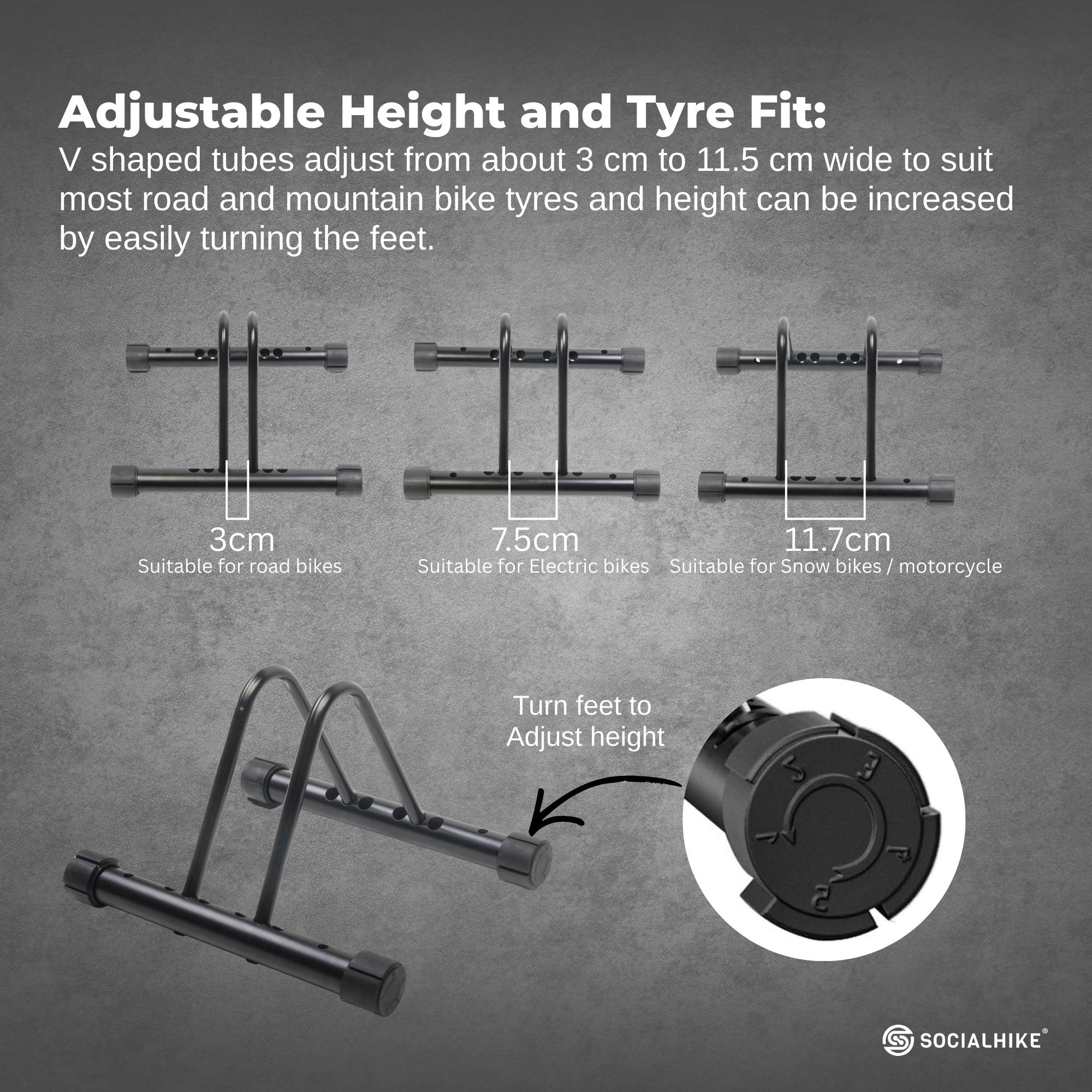Black steel single bike rack stand with adjustable V tubes for floor or wall mounting — view 5