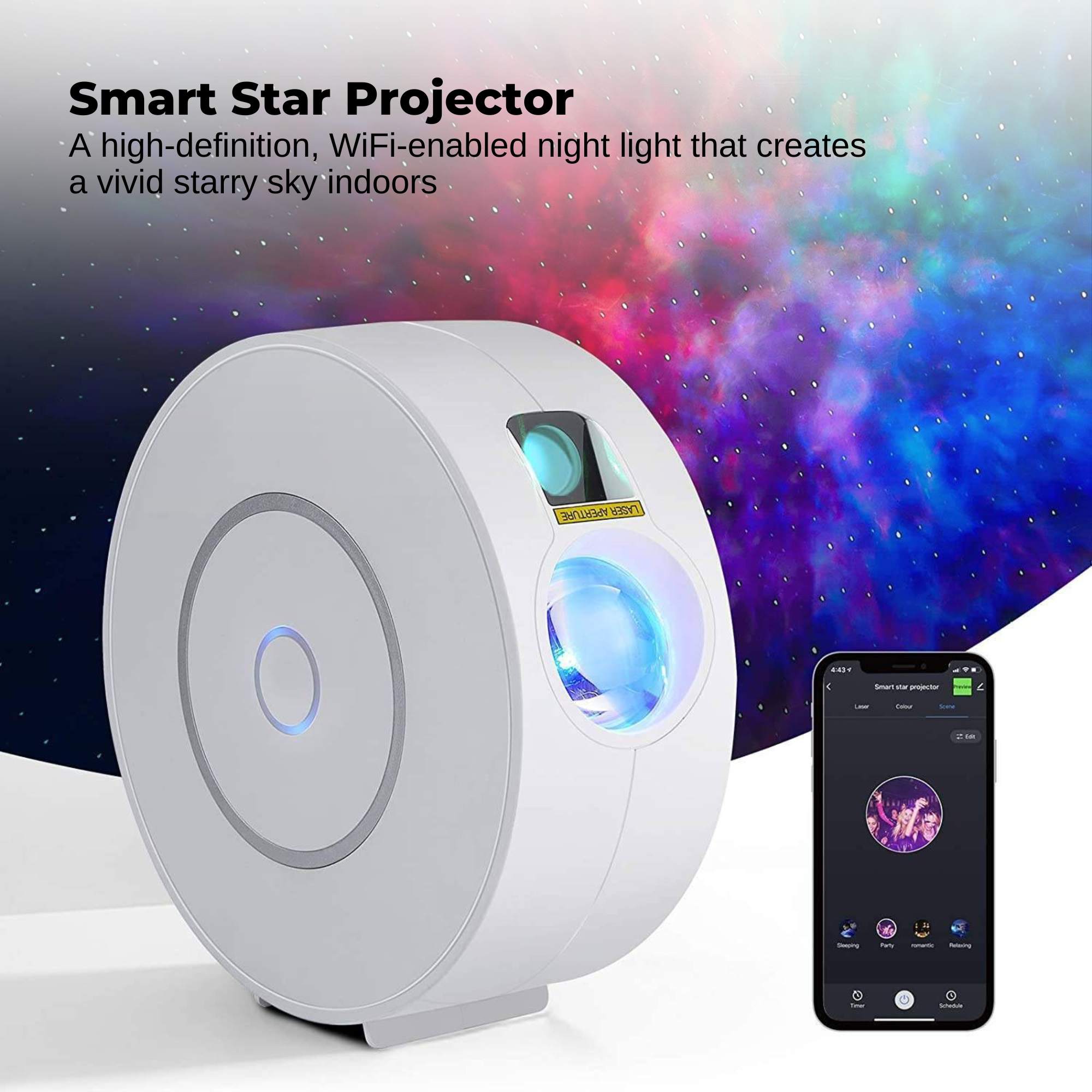 White smart WiFi galaxy star projector emitting green lasers and colourful LED nebula clouds. — view 2