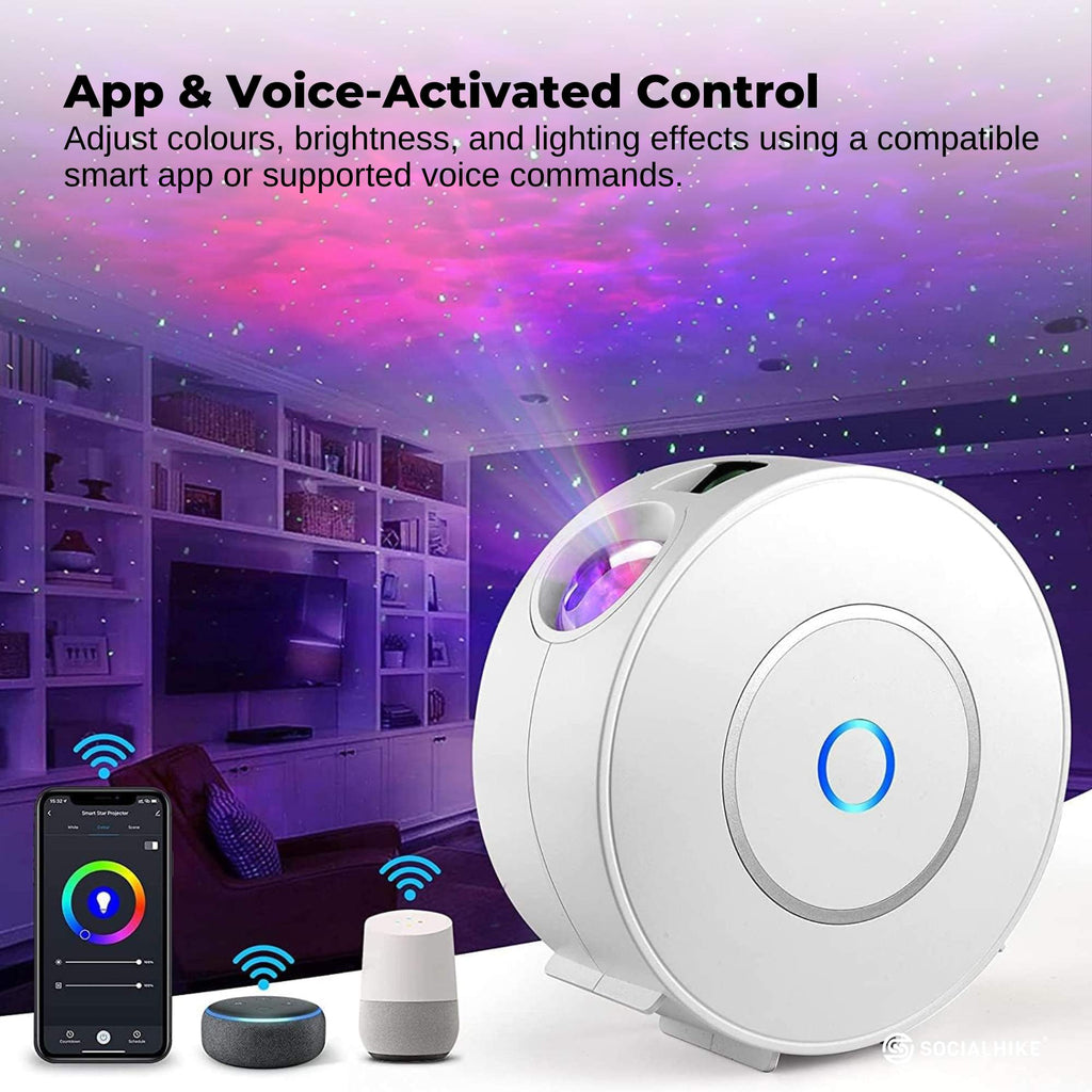 White smart WiFi galaxy star projector emitting green lasers and colourful LED nebula clouds. — view 3