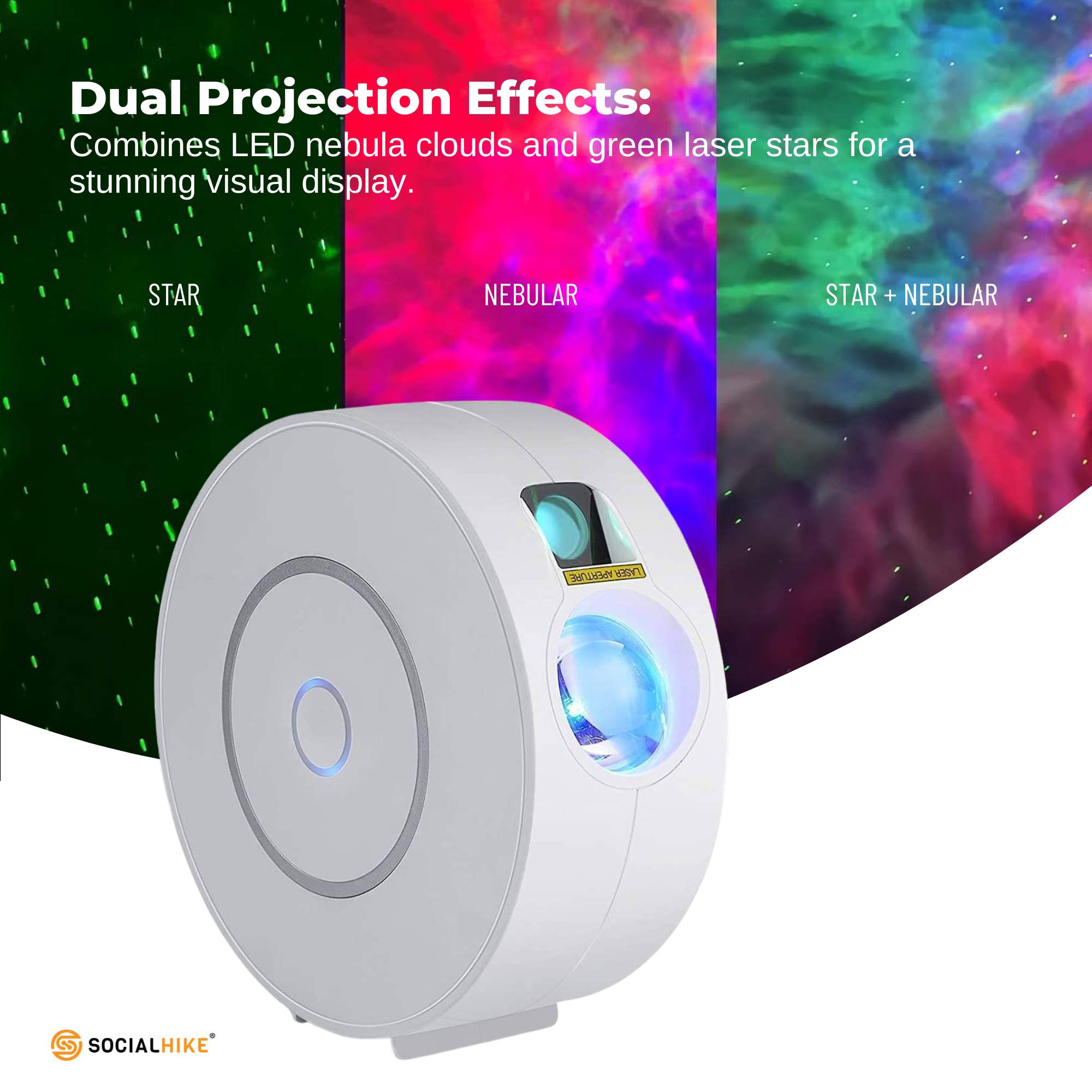 White smart WiFi galaxy star projector emitting green lasers and colourful LED nebula clouds. — view 4