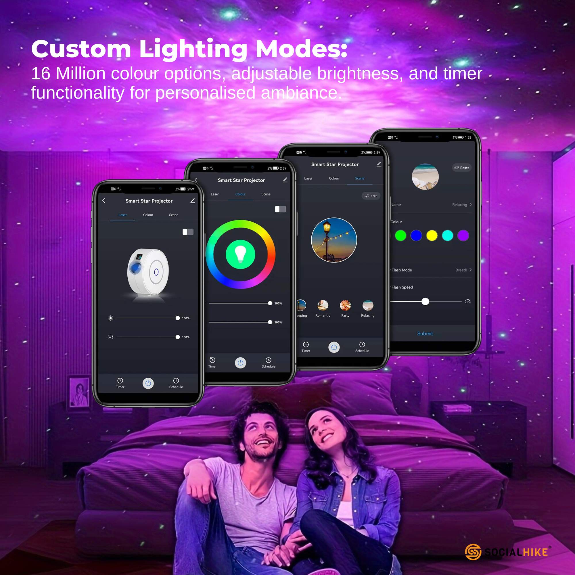 White smart WiFi galaxy star projector emitting green lasers and colourful LED nebula clouds. — view 5
