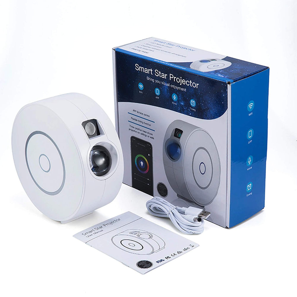 White smart WiFi galaxy star projector emitting green lasers and colourful LED nebula clouds.