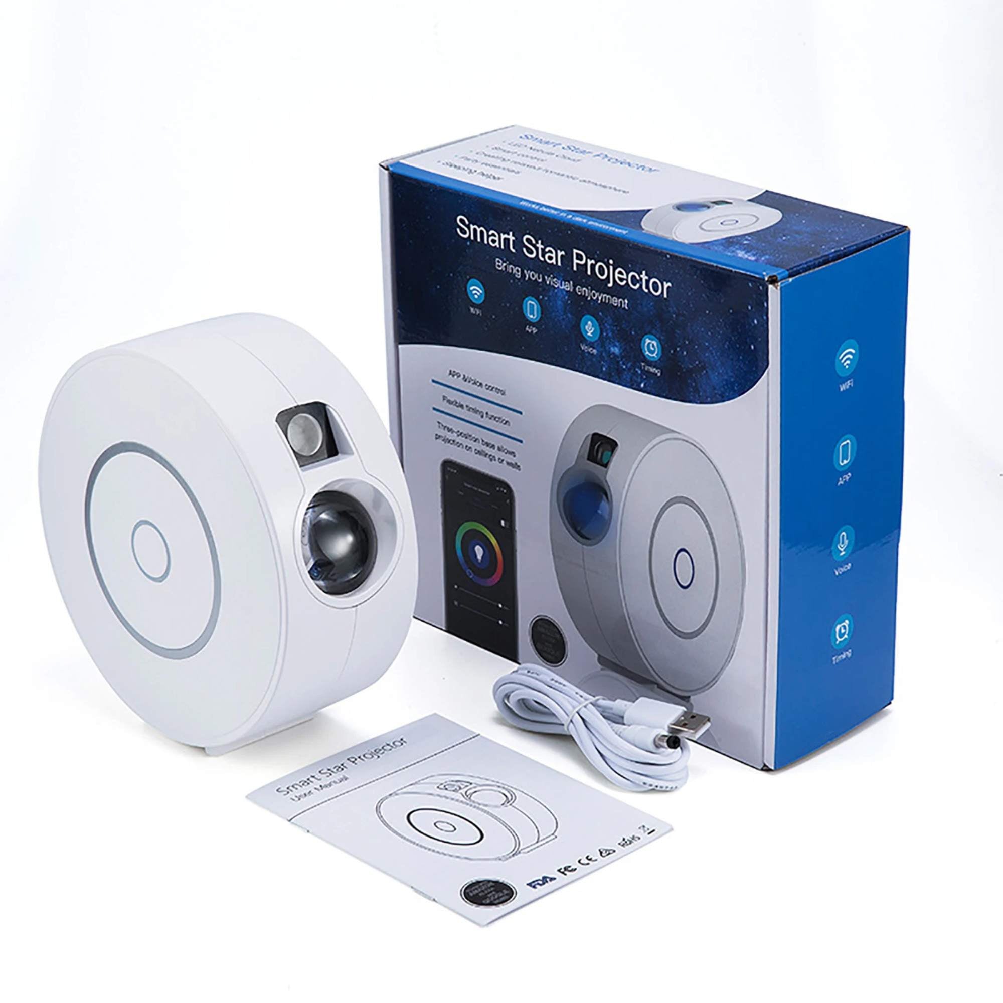 White smart WiFi galaxy star projector emitting green lasers and colourful LED nebula clouds.