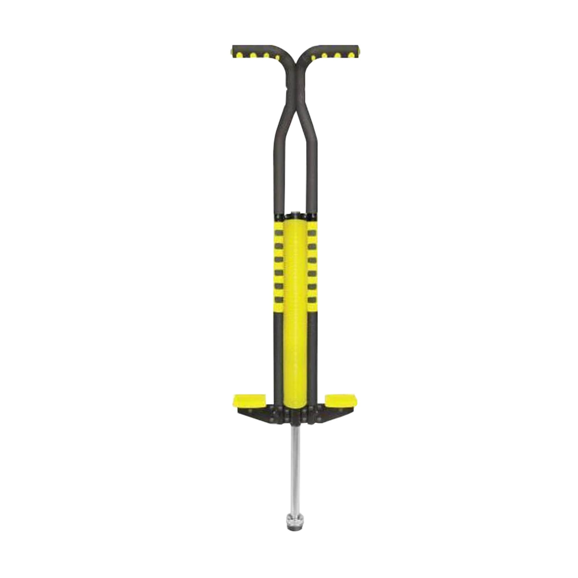Yellow pogo stick for kids with black foam grips, anti-slip footpegs, and durable rubber bottom.