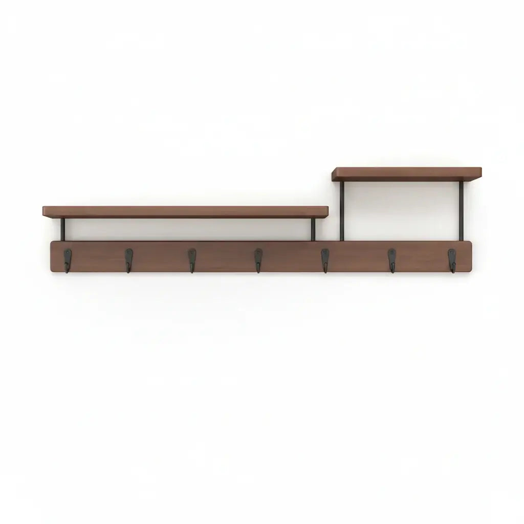 Natural solid wood wall hook rack for coats and keys in a modern entryway