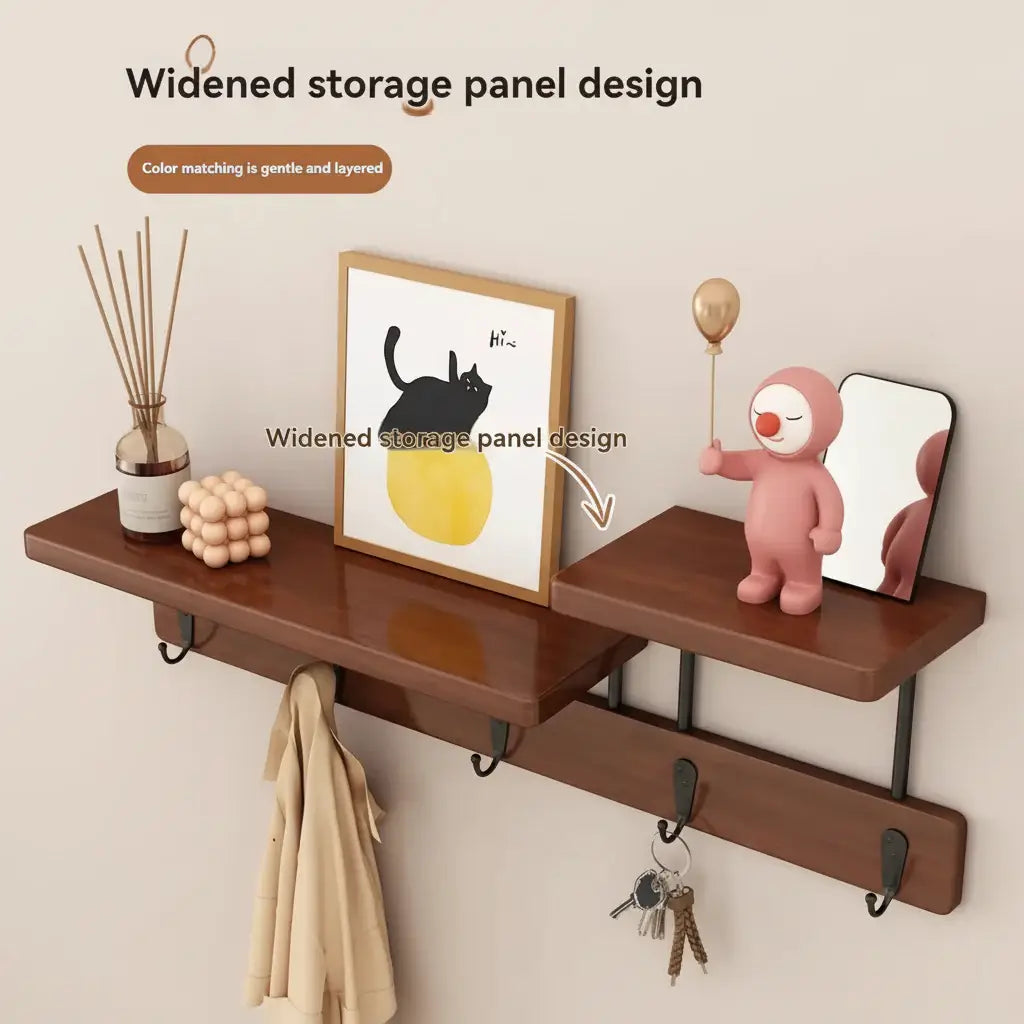 Natural solid wood wall hook rack for coats and keys in a modern entryway — view 3