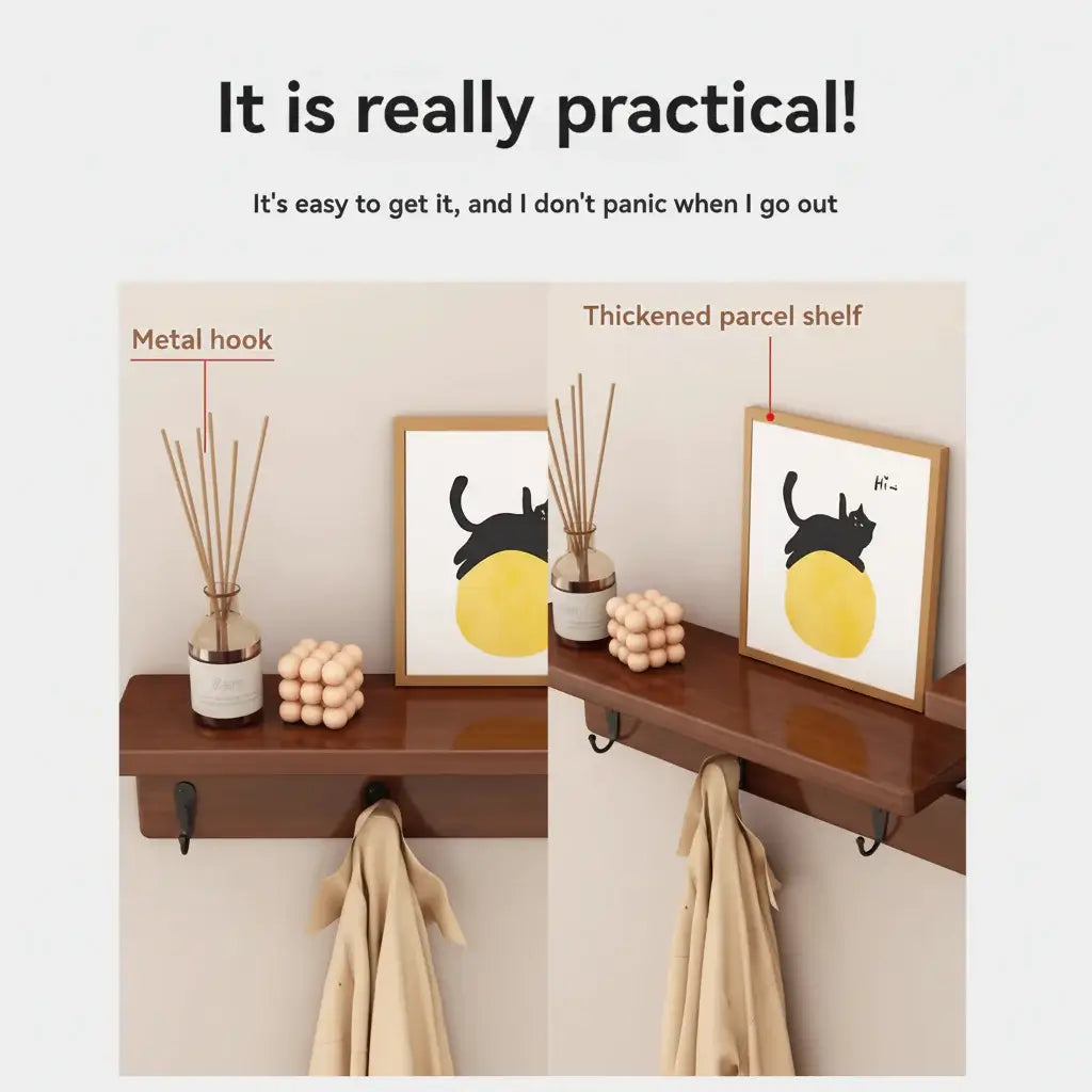 Natural solid wood wall hook rack for coats and keys in a modern entryway — view 5