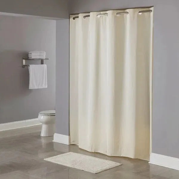 Hookless weighted shower curtains in polyester fabric with sheer top window and removable snap-in liner — view 2