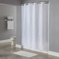 Hookless weighted shower curtains in polyester fabric with sheer top window and removable snap-in liner