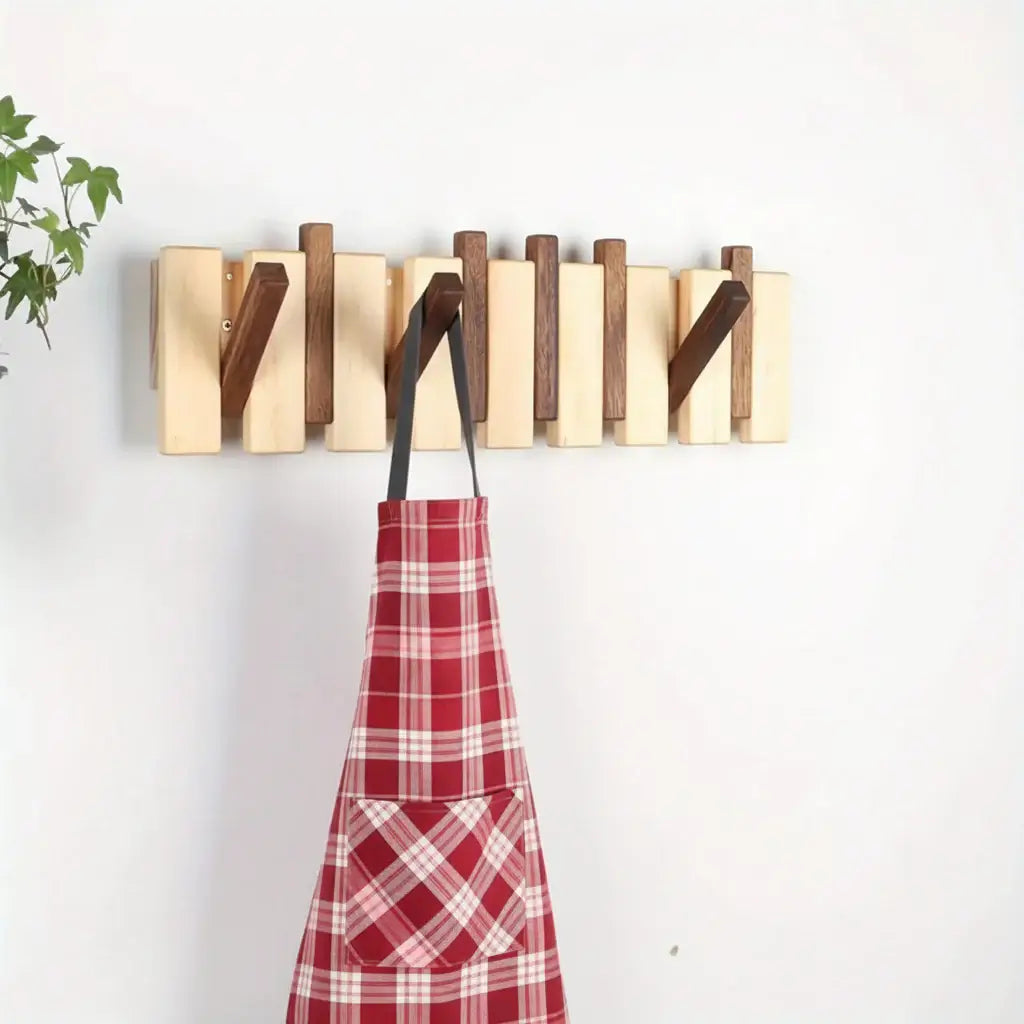 Wooden wall mounted coat rack with retractable flip down hooks for entryway organization and storage — view 2