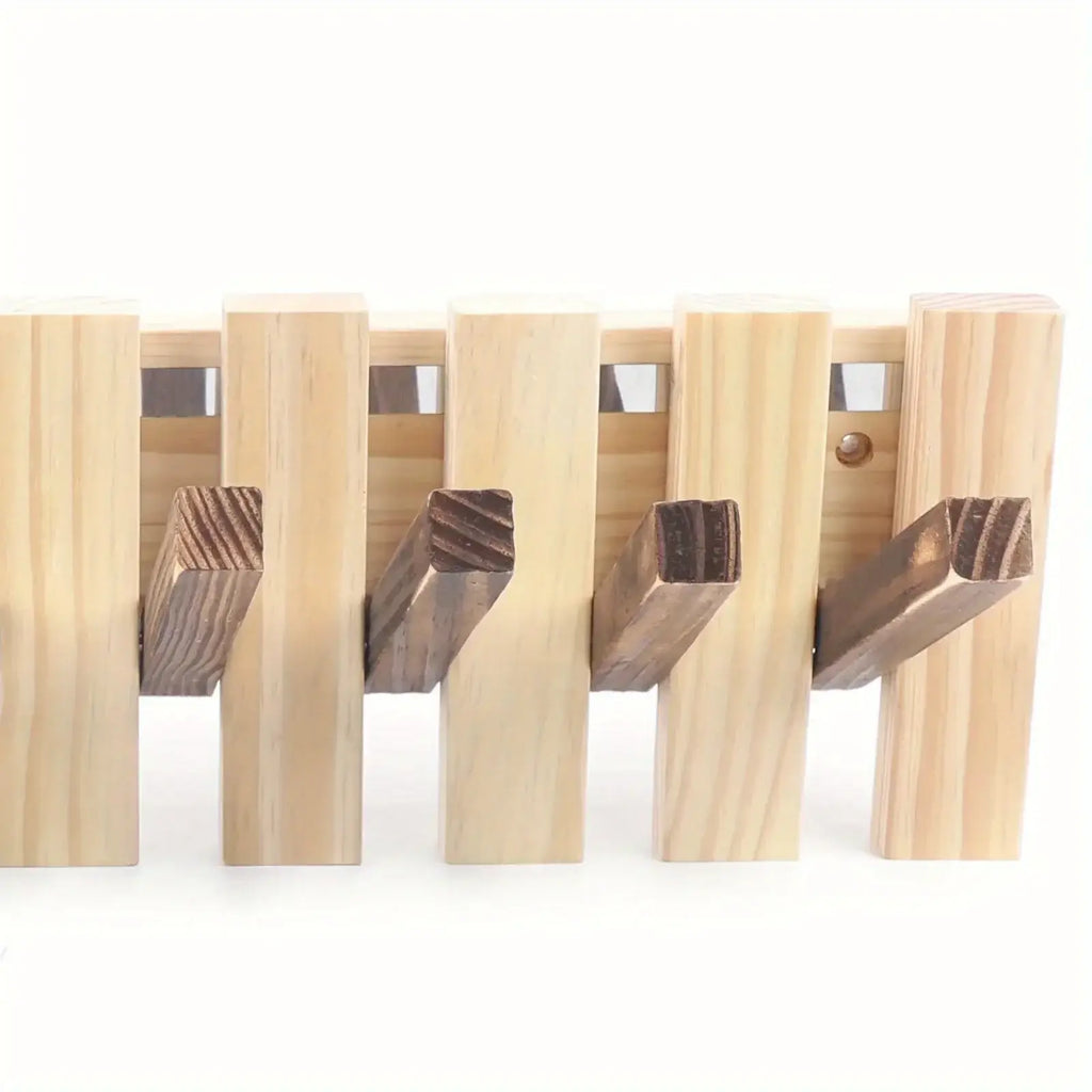 Wooden wall mounted coat rack with retractable flip down hooks for entryway organization and storage — view 5