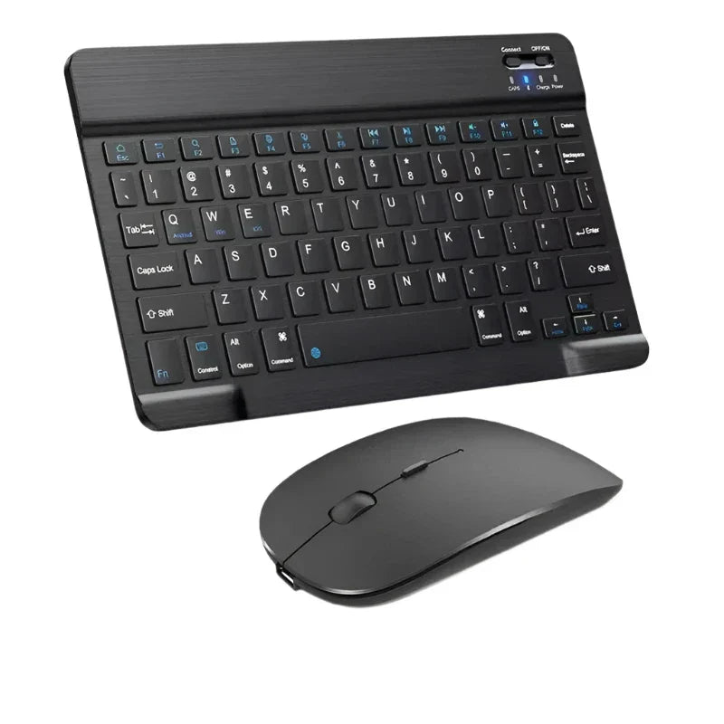 Black Bluetooth wireless keyboard and mouse combo in an ultra thin portable aluminum alloy design